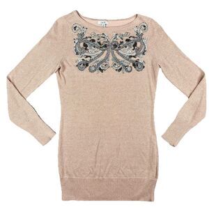 Cache Silver Thread Beaded BUTTERFLY Size M Sweater Blush Pink Vintage 1990S